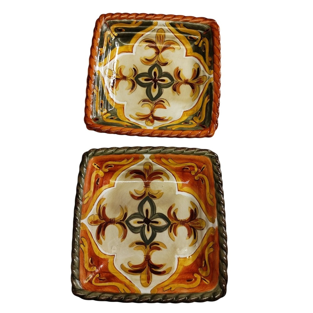 Artimino Siena Tuscan Square Plates Set of 2 Italy‎ Hand Painted Rope Rim